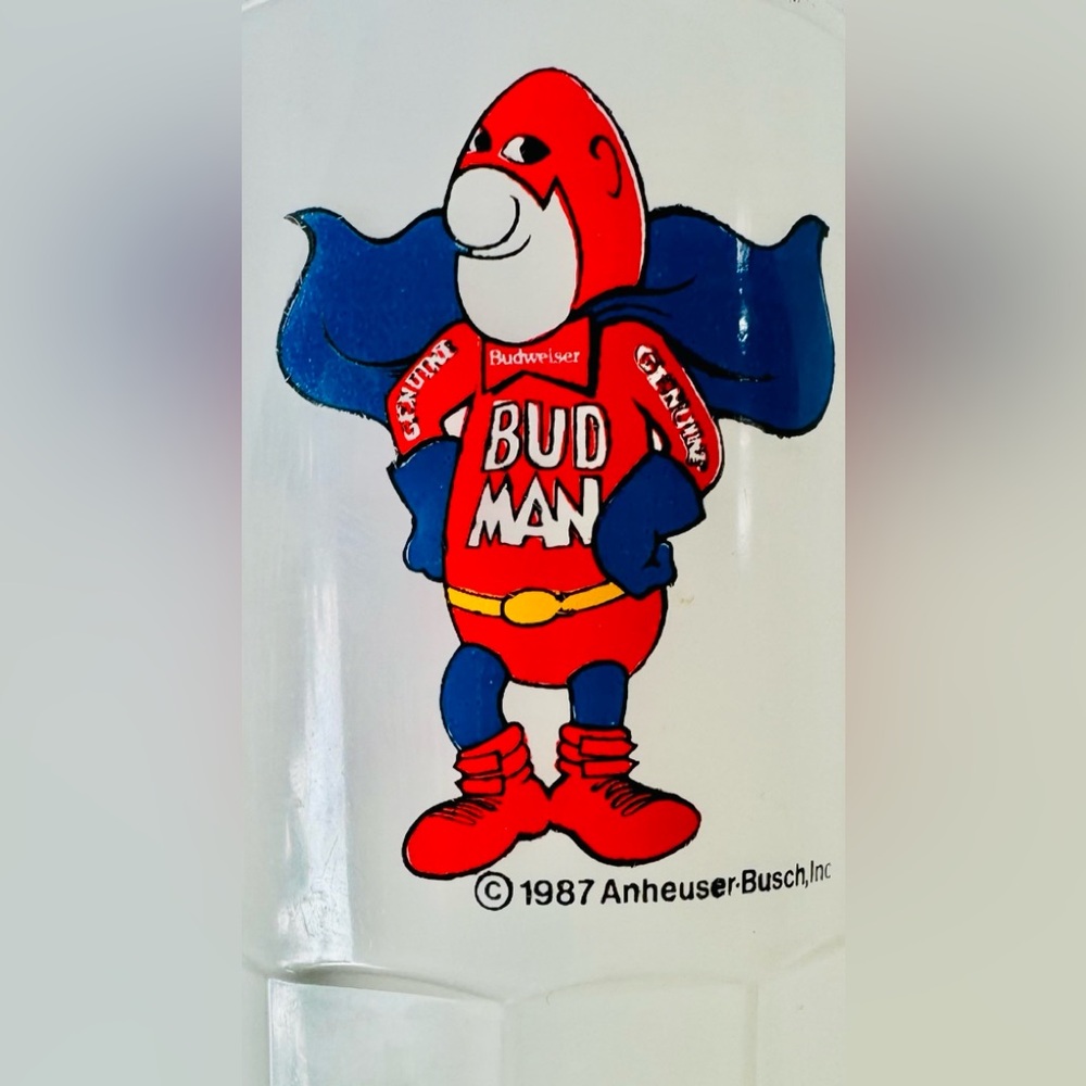 Set: VintageRARE 1987 Bud Man Super Mug Made in USA; 5.25”tall. And STICKER!
